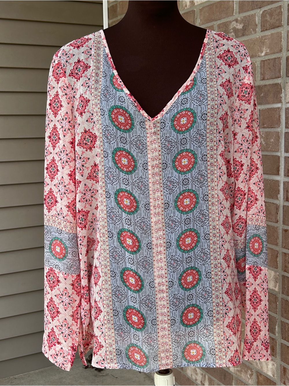 Sundance sL ‘Gypsy’ coral/aqua Printed Boho V-Neck Tunic-looks new